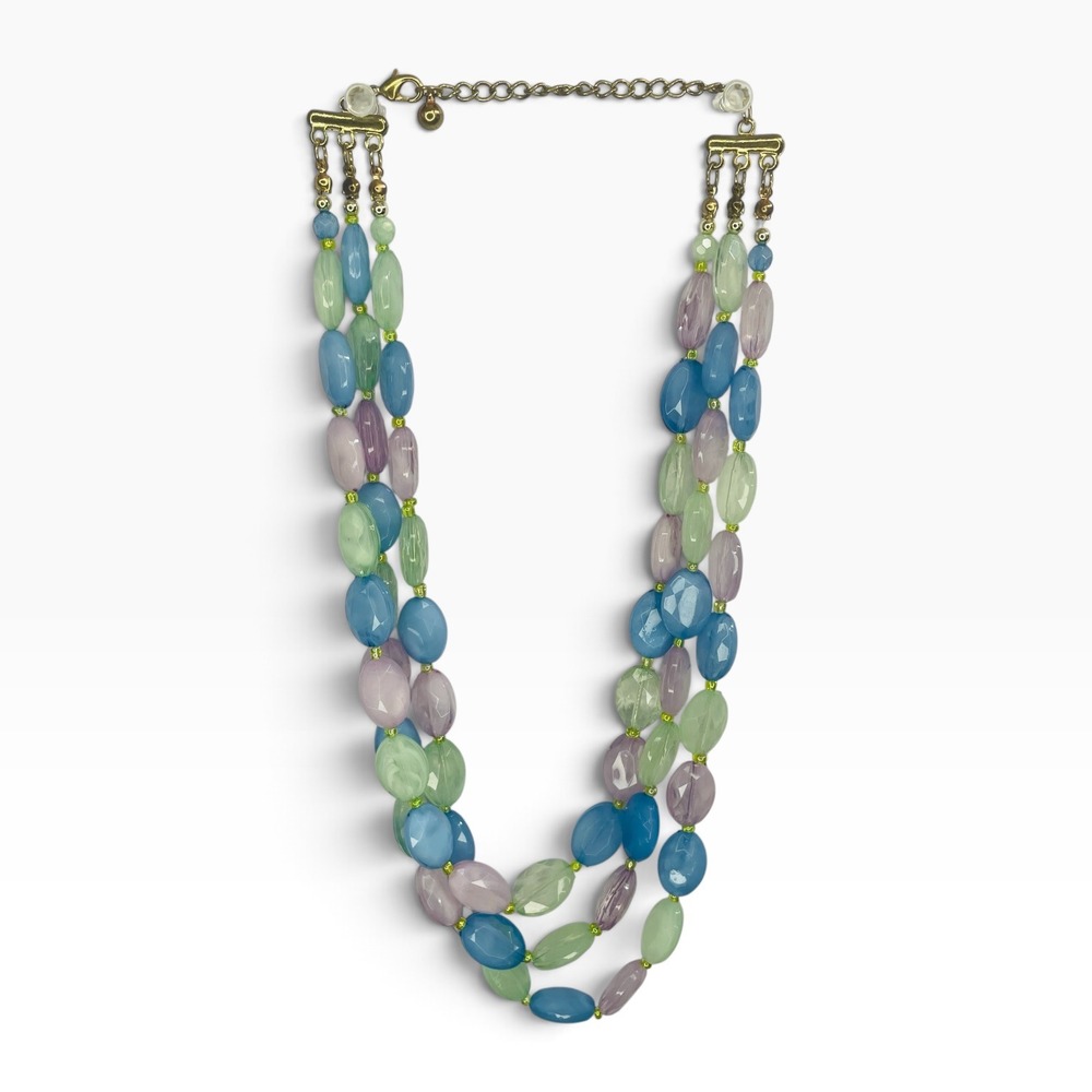 Pastel Multi Strand Beaded Necklace Blue Green Lavender Gold Tone Statement
